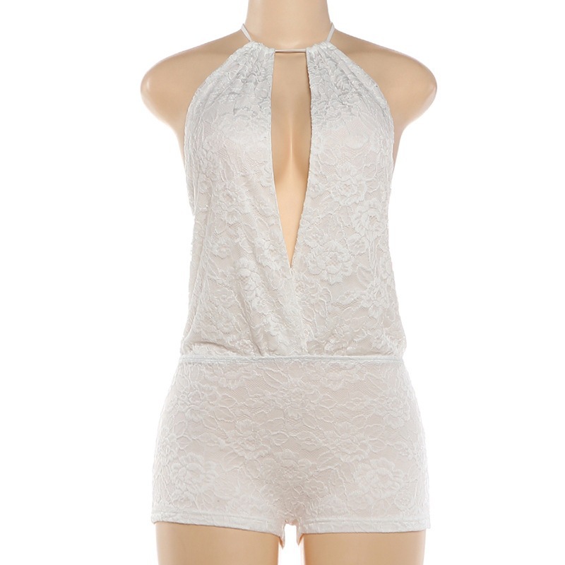 Sexy Backless Playsuits Woman Lace Patchwork Bandage Halter Deep V-Neck Sleeveless Skinny Peach Hip Wild Style Romper