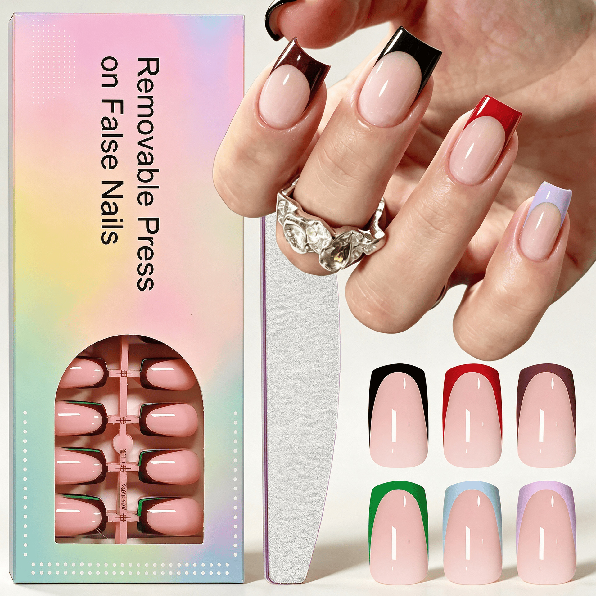 144/120Pcs Colorful French Tip Press On Nails Pink Short Square Fake Nail Red Black Green Purple Blue Purple Edges False Fingert