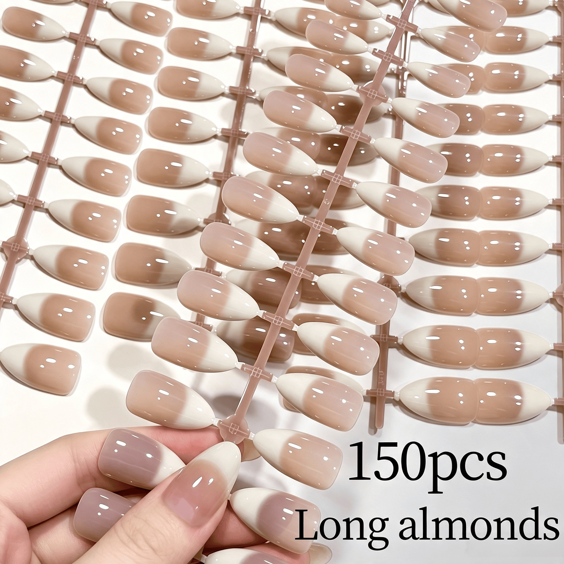 150Pcs Medium Almond Gradient White French Tips Fake Nail Glossy Nude Pink Brown French Press On Nails Full Cover Extension Tips