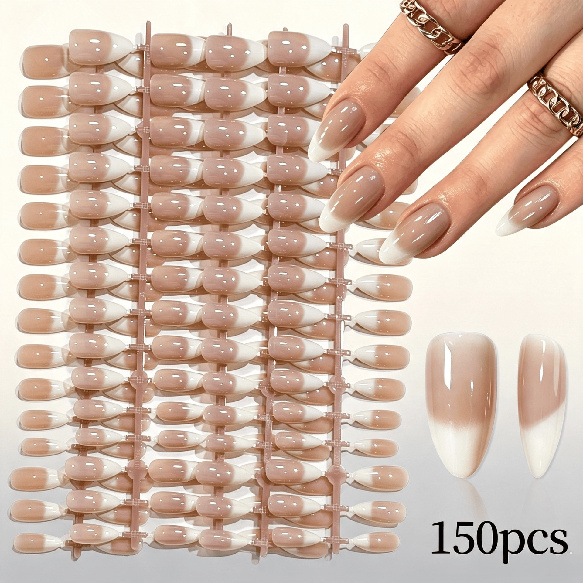 150Pcs Medium Almond Gradient White French Tips Fake Nail Glossy Nude Pink Brown French Press On Nails Full Cover Extension Tips