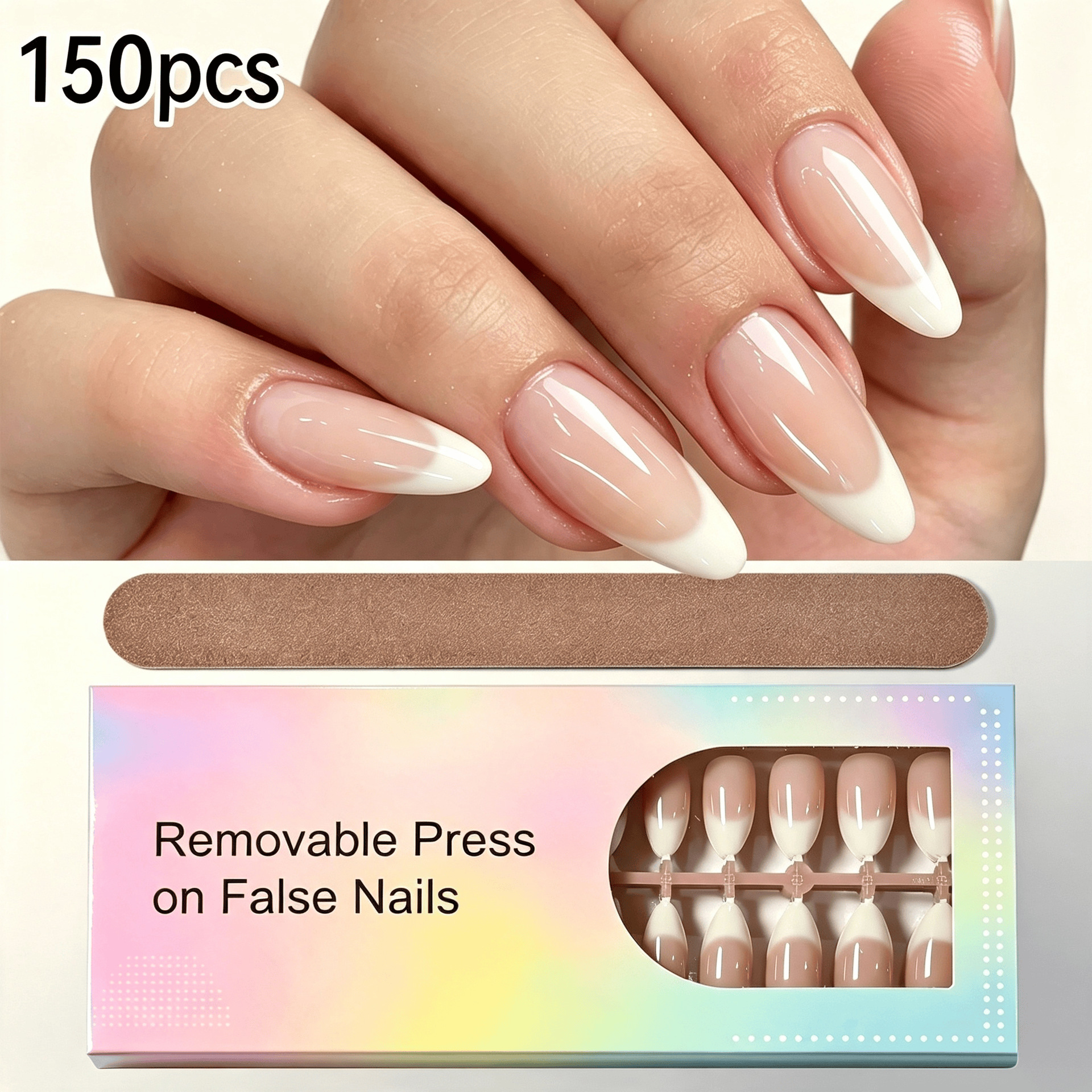 150Pcs Medium Almond Gradient White French Tips Fake Nail Glossy Nude Pink Brown French Press On Nails Full Cover Extension Tips