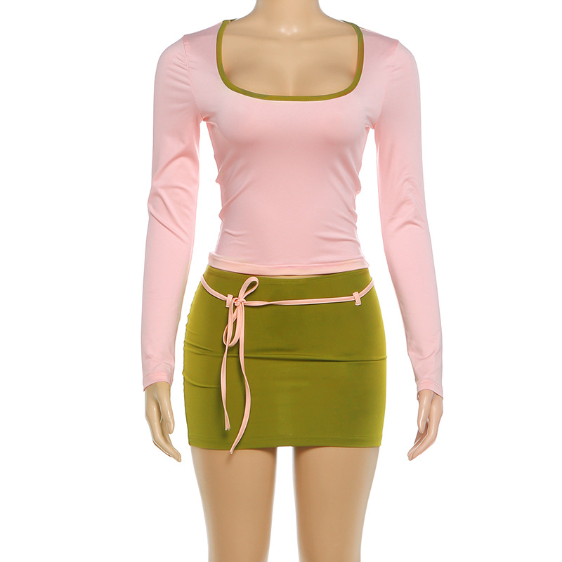 Simple 2 Piece Set Women Autumn Trend Line Patchwork Low-Neck Full Sleeve T-Shirt+Bandages Skirts Fashion Suits