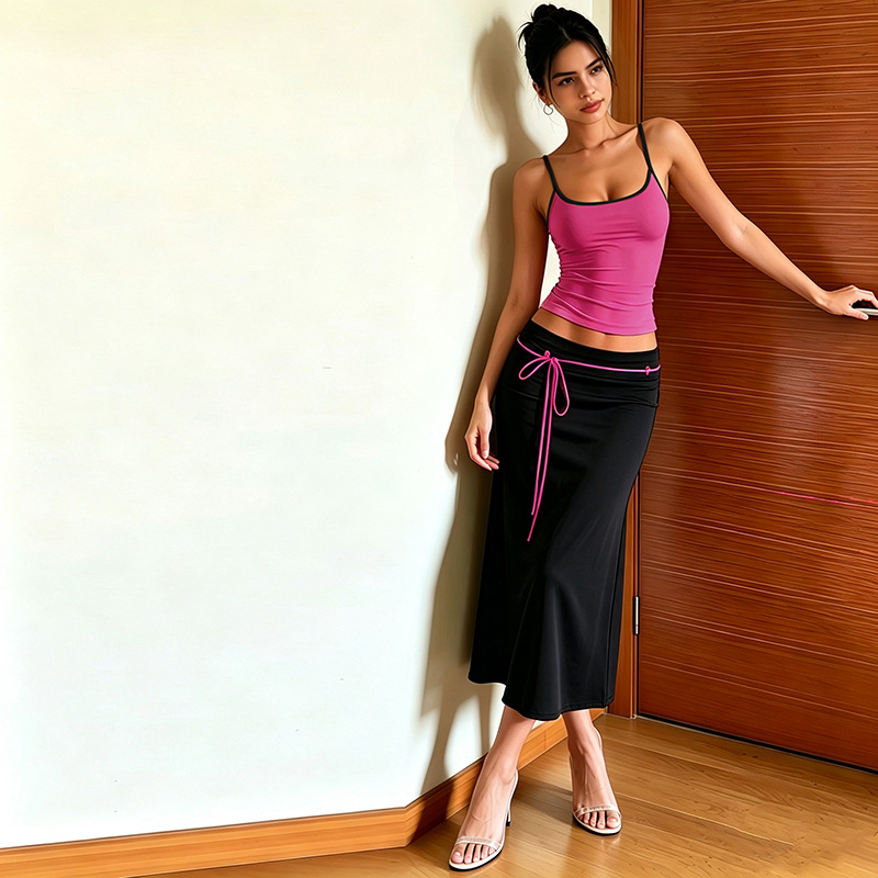 Color Blocking Elegant 2 Piece Set Woman Summer Trend Low-Neck Backless Camisoles+Ribbon Decoration Long Skirts Suits