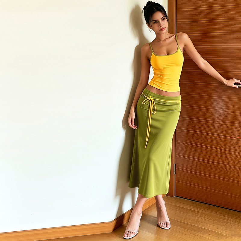 Color Blocking Elegant 2 Piece Set Woman Summer Trend Low-Neck Backless Camisoles+Ribbon Decoration Long Skirts Suits