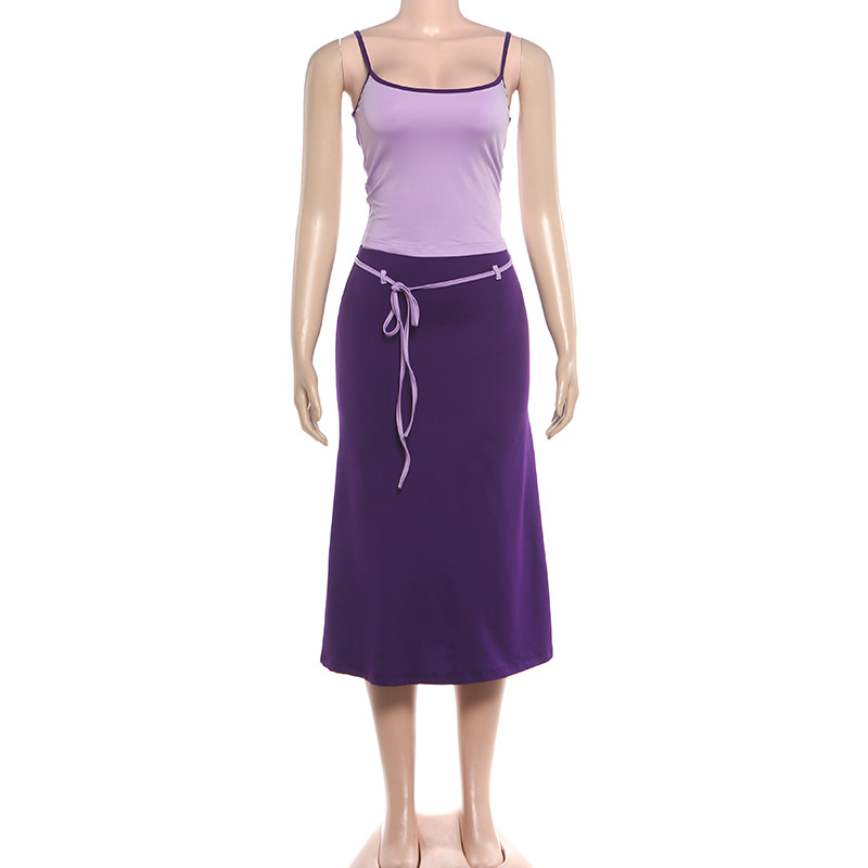 Color Blocking Elegant 2 Piece Set Woman Summer Trend Low-Neck Backless Camisoles+Ribbon Decoration Long Skirts Suits