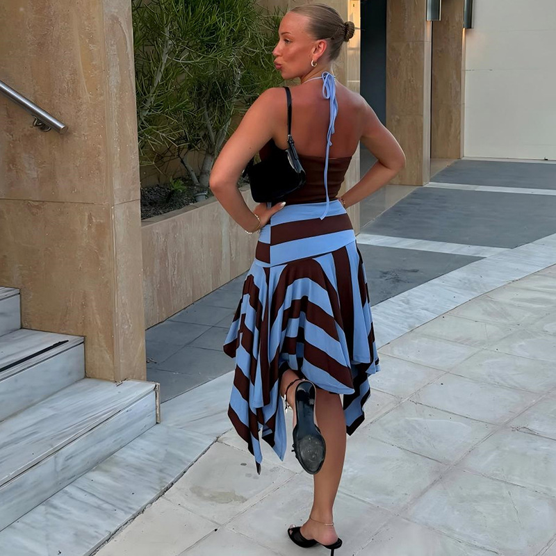 Vacation Sexy Style 2 Piece Set Woman Halter Backless Navel Exposed Camisole Tops+Stripe Patchwork Mid Skirts Elegant Suit