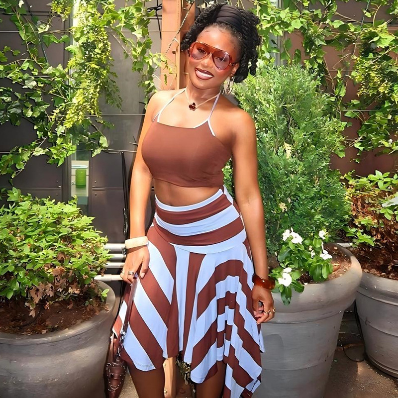 Vacation Sexy Style 2 Piece Set Woman Halter Backless Navel Exposed Camisole Tops+Stripe Patchwork Mid Skirts Elegant Suit