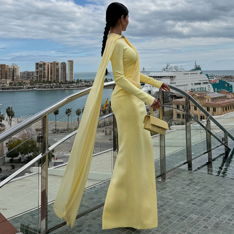 Elegant Ruched Dress Women Fashion Classic Metal Buckle Patchwork Ribbon Full Sleeve O-Neck Sexy Party Long Bodycon