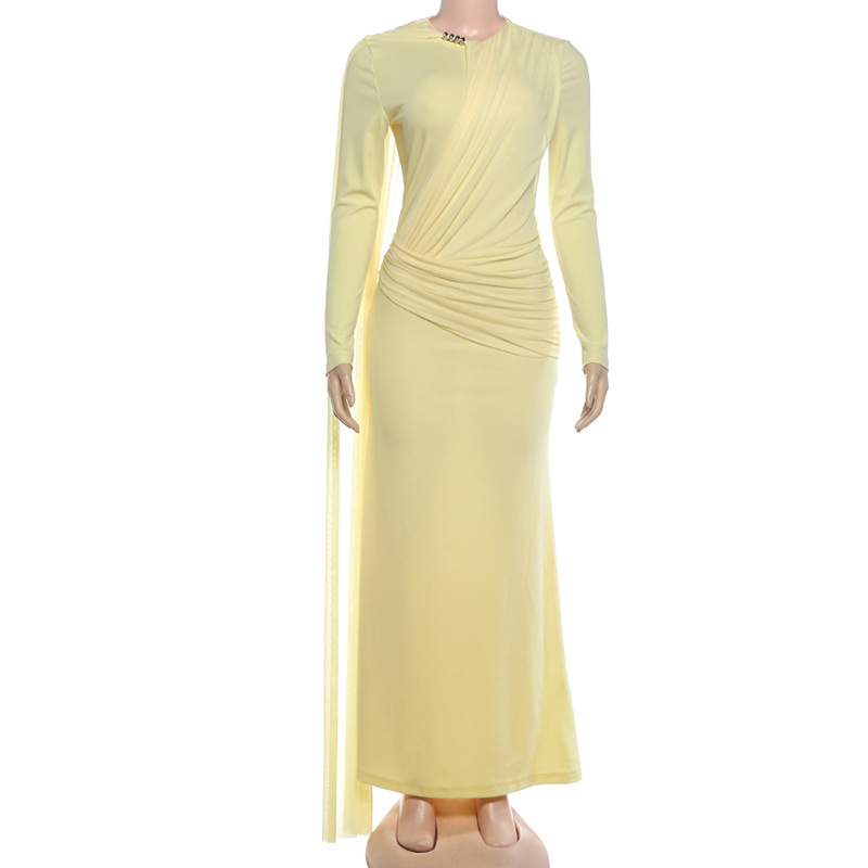 Elegant Ruched Dress Women Fashion Classic Metal Buckle Patchwork Ribbon Full Sleeve O-Neck Sexy Party Long Bodycon