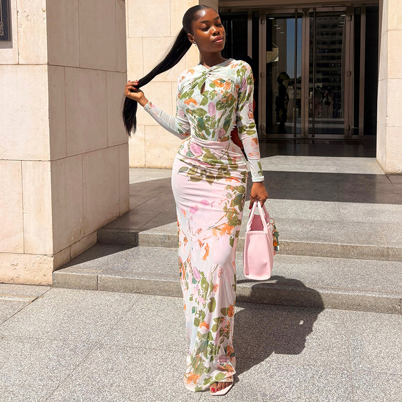 Women Fashion Outfits Long Sleeve Slim Bodycon Maxi Dress Casual Holiday Street Floral Print Long Dresses