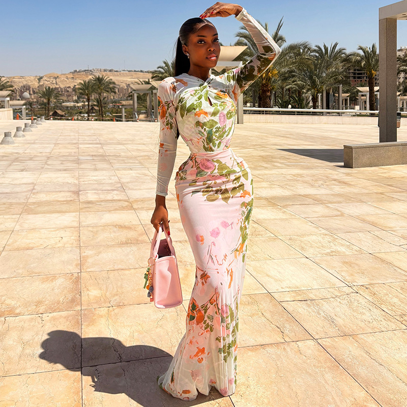 Women Fashion Outfits Long Sleeve Slim Bodycon Maxi Dress Casual Holiday Street Floral Print Long Dresses