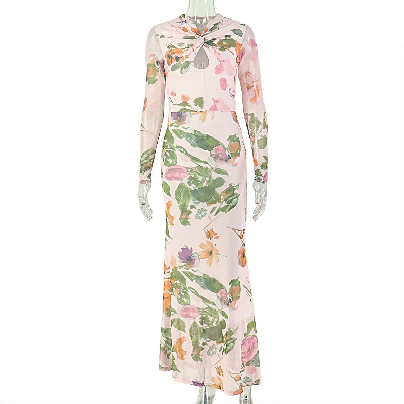 Women Fashion Outfits Long Sleeve Slim Bodycon Maxi Dress Casual Holiday Street Floral Print Long Dresses