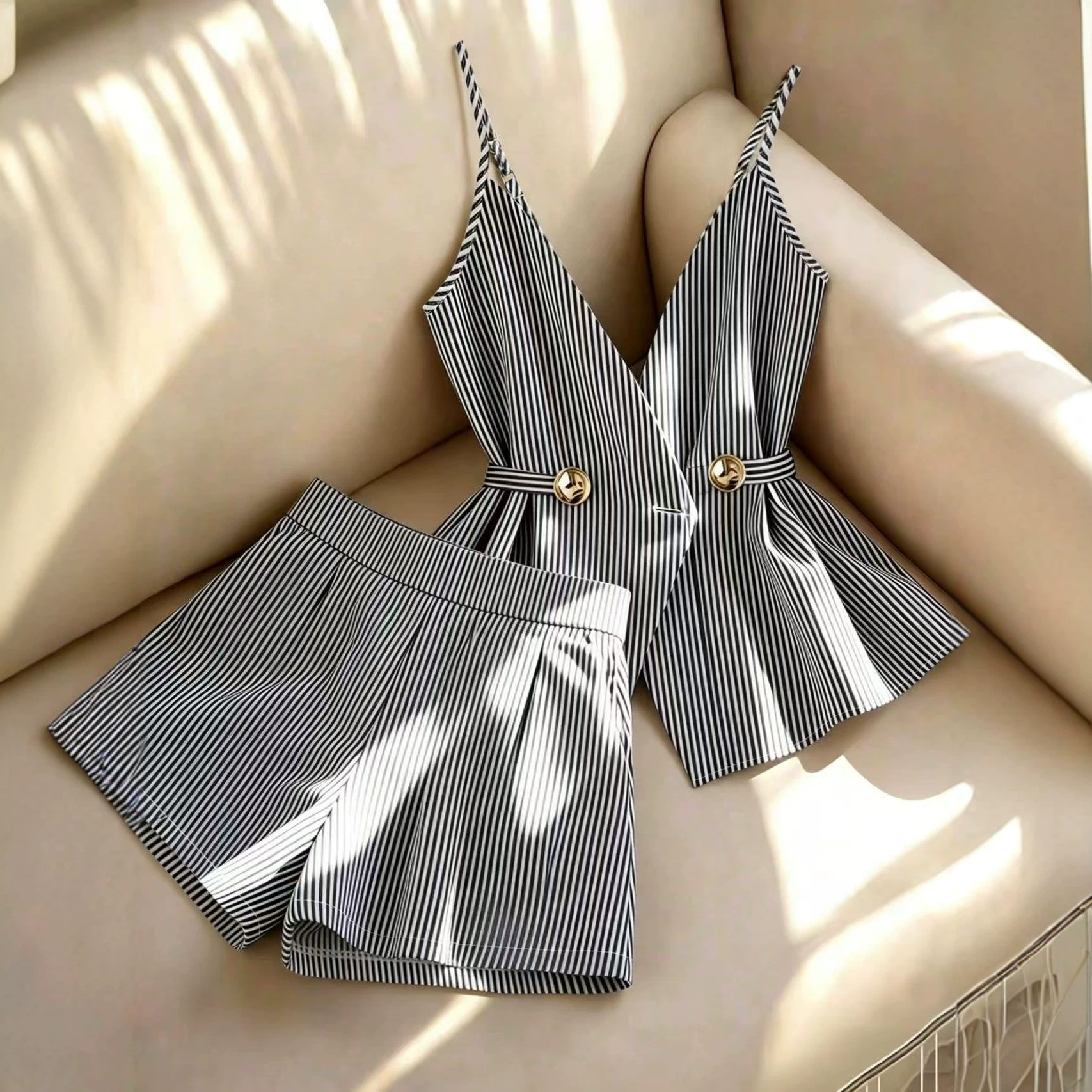 Women's high-end, light luxury fashion set with camisole, striped top, waistband, comfortable shorts for women