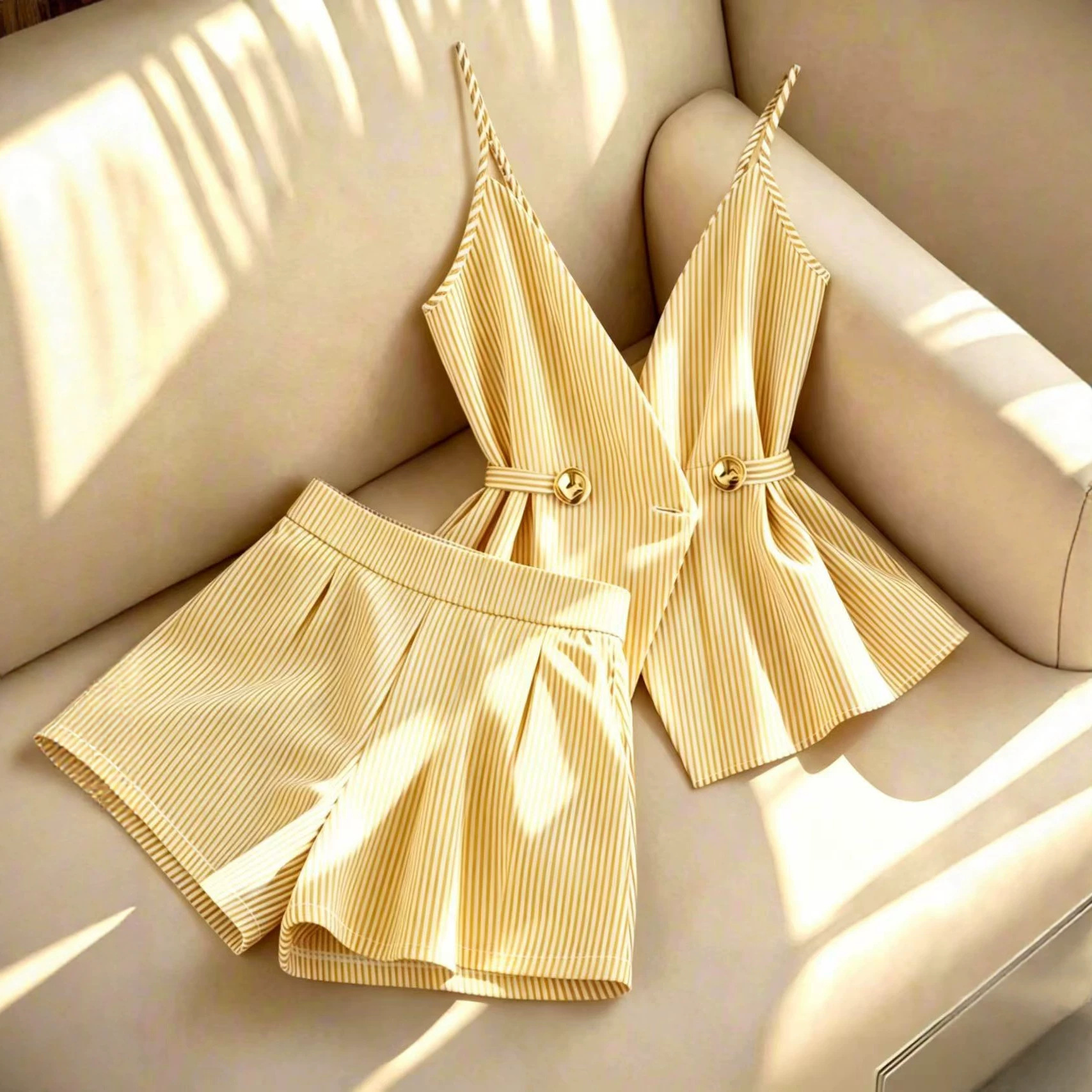 Women's high-end, light luxury fashion set with camisole, striped top, waistband, comfortable shorts for women