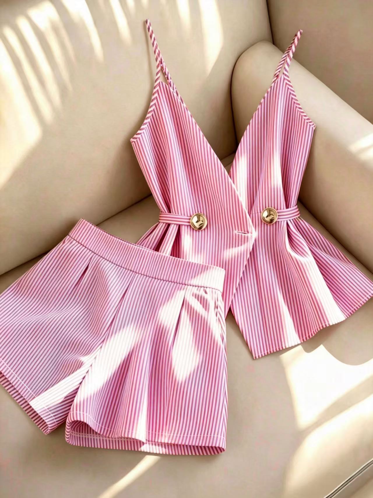 Women's high-end, light luxury fashion set with camisole, striped top, waistband, comfortable shorts for women