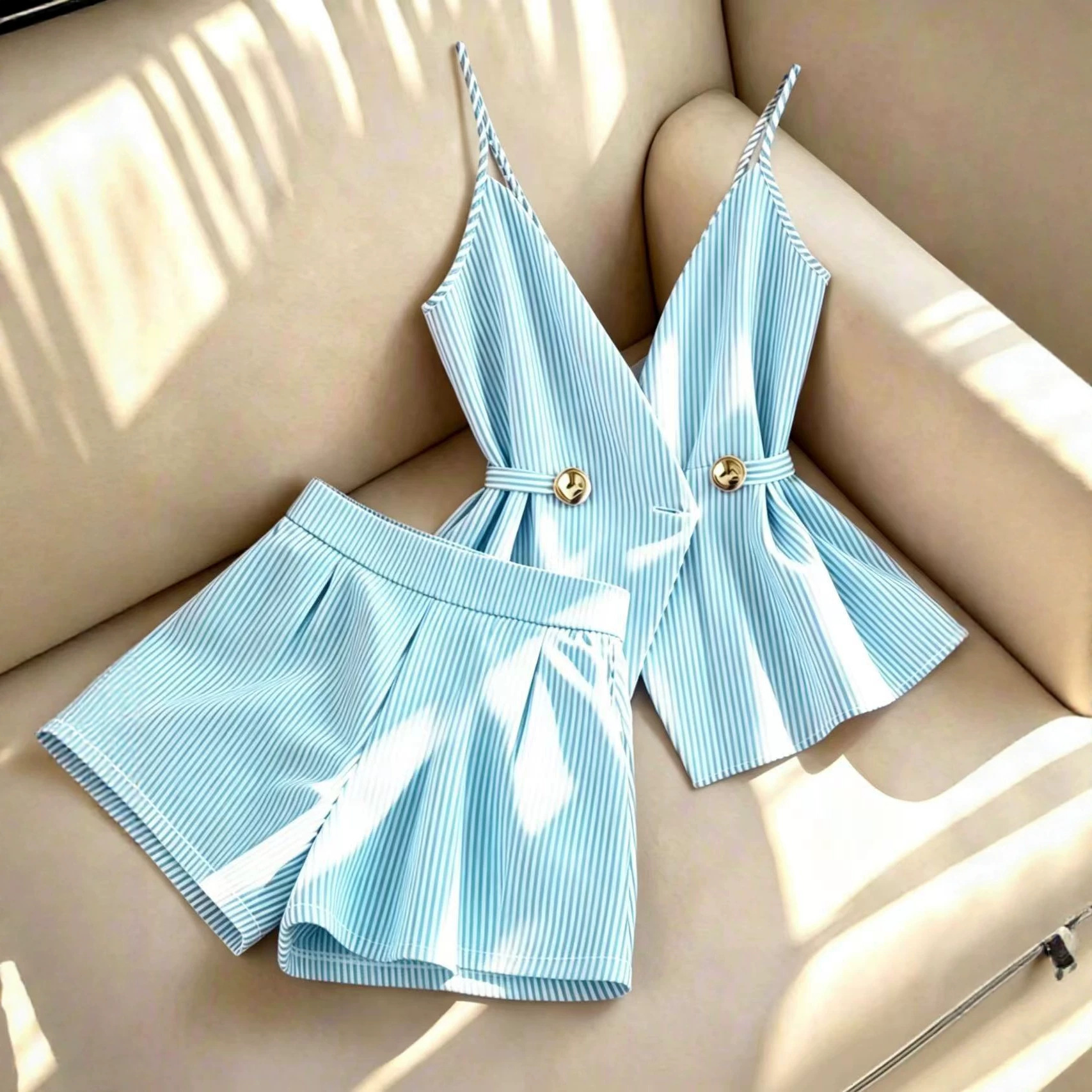 Women's high-end, light luxury fashion set with camisole, striped top, waistband, comfortable shorts for women