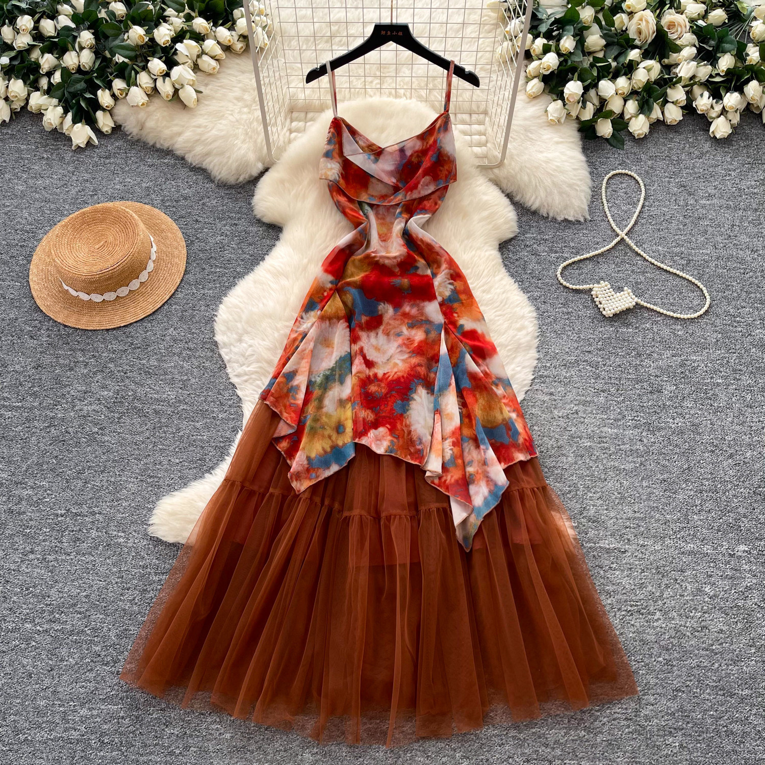 Holiday style blend printed mesh suspender dress for women with high waisted temperament and large swing long skirt