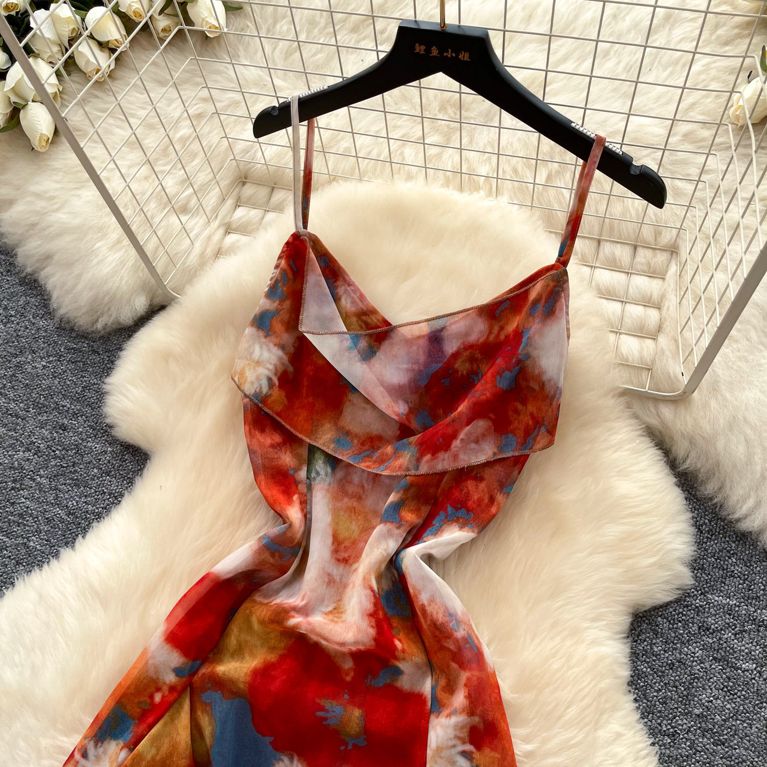 Holiday style blend printed mesh suspender dress for women with high waisted temperament and large swing long skirt