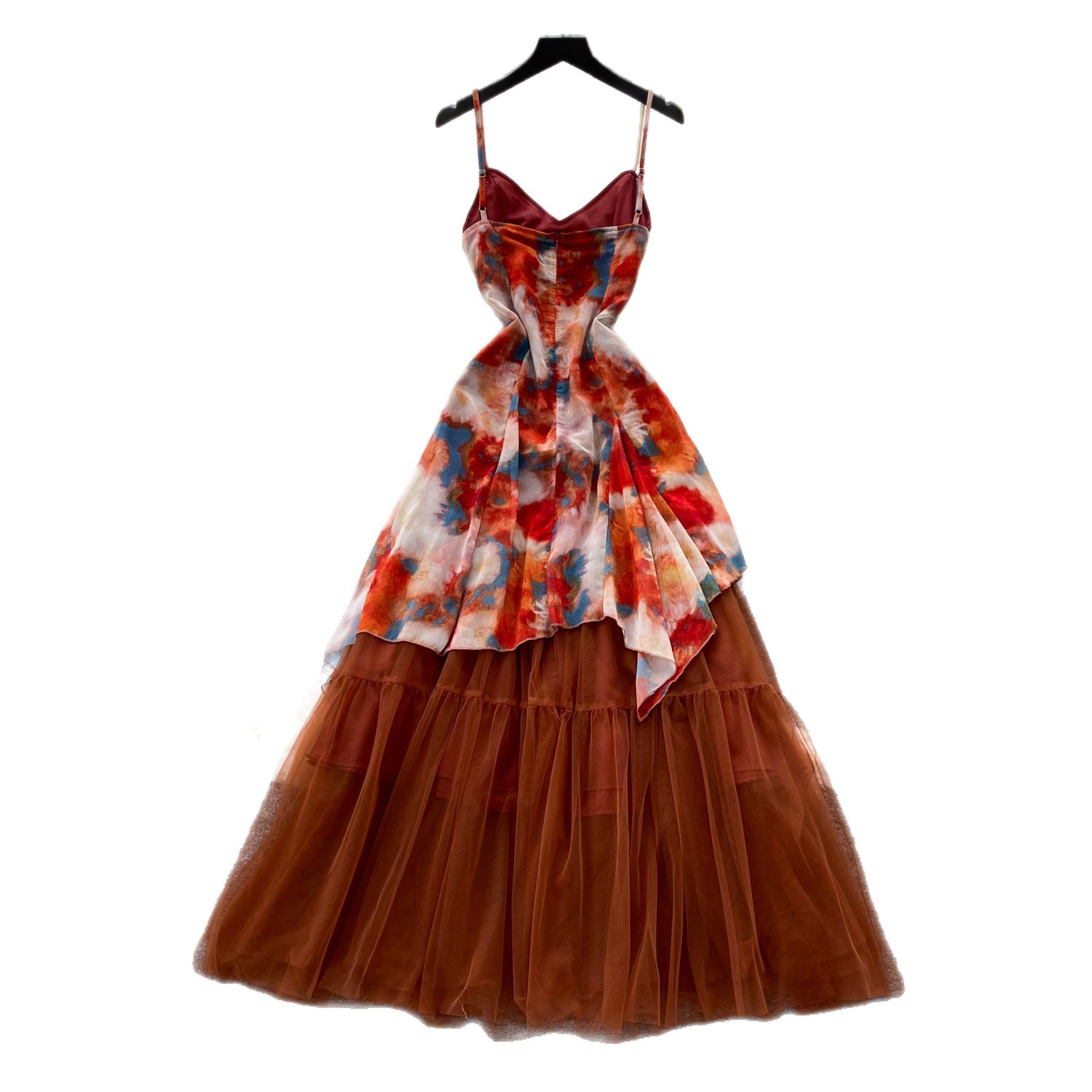 Holiday style blend printed mesh suspender dress for women with high waisted temperament and large swing long skirt