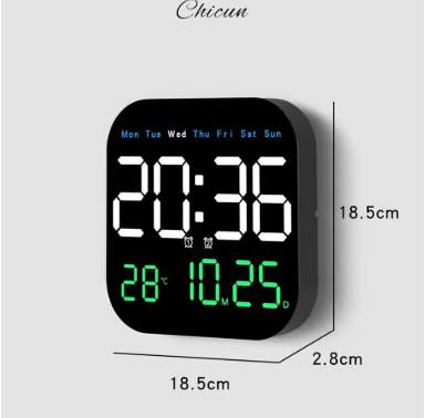 Digital Wall Clock with Remote Control, LED Alarm Clock, Temperature, Date, Week Display, Electronic Table Clock, 12 H, 24H