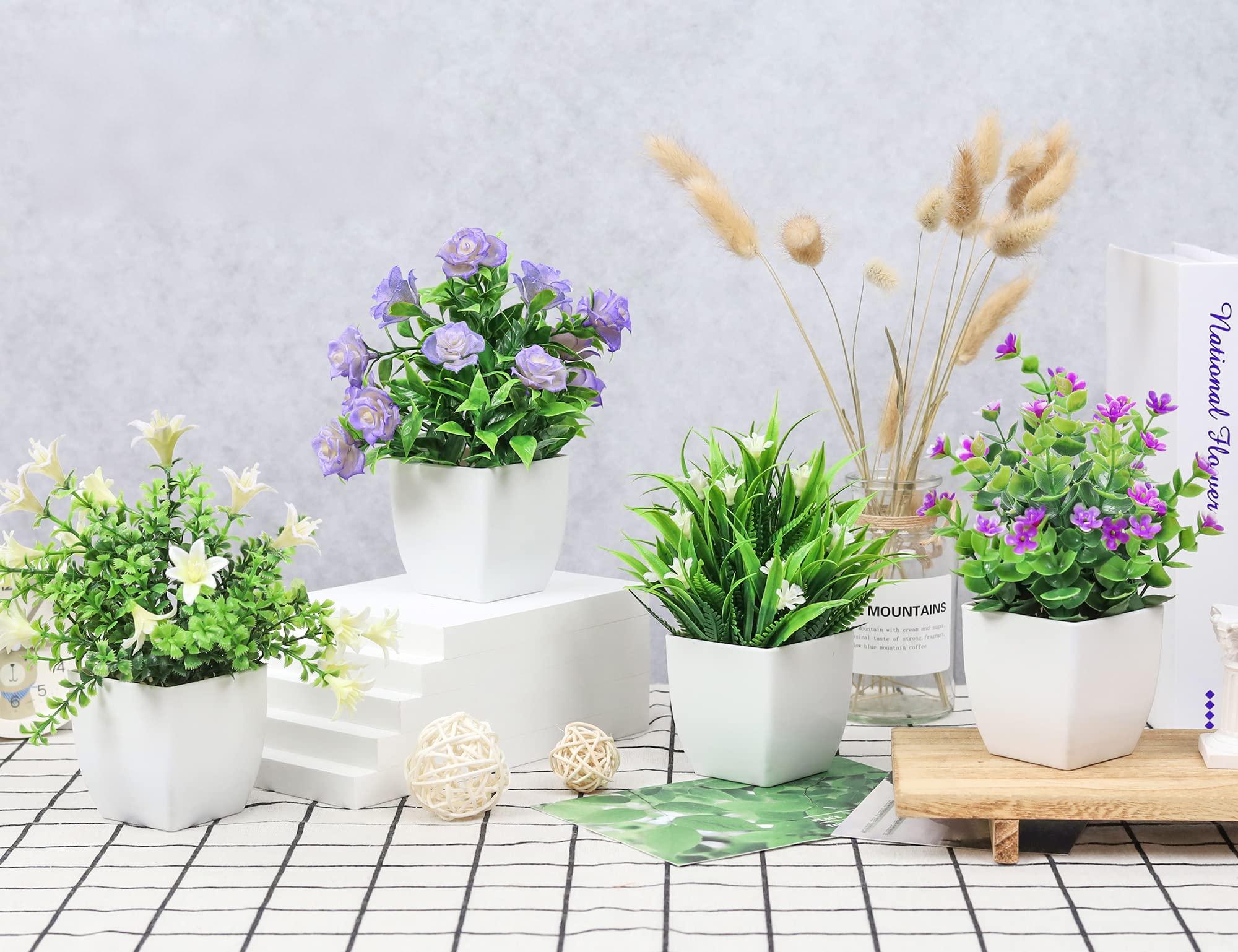 4 Pack Small Fake Plants Mini Artificial Faux Plants Indoor with Flowers Spring Decorations for Home Room Farmhouse Desk House