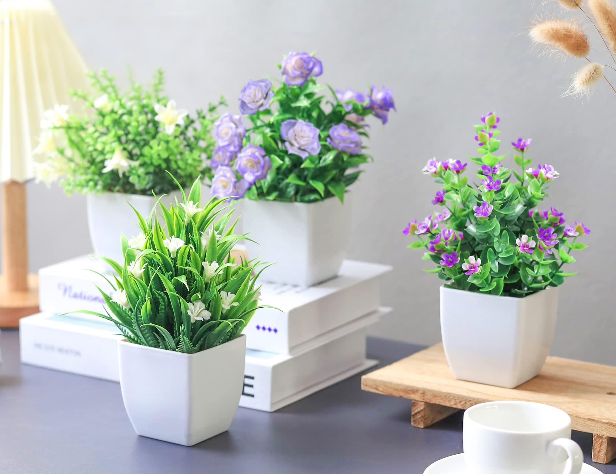 4 Pack Small Fake Plants Mini Artificial Faux Plants Indoor with Flowers Spring Decorations for Home Room Farmhouse Desk House
