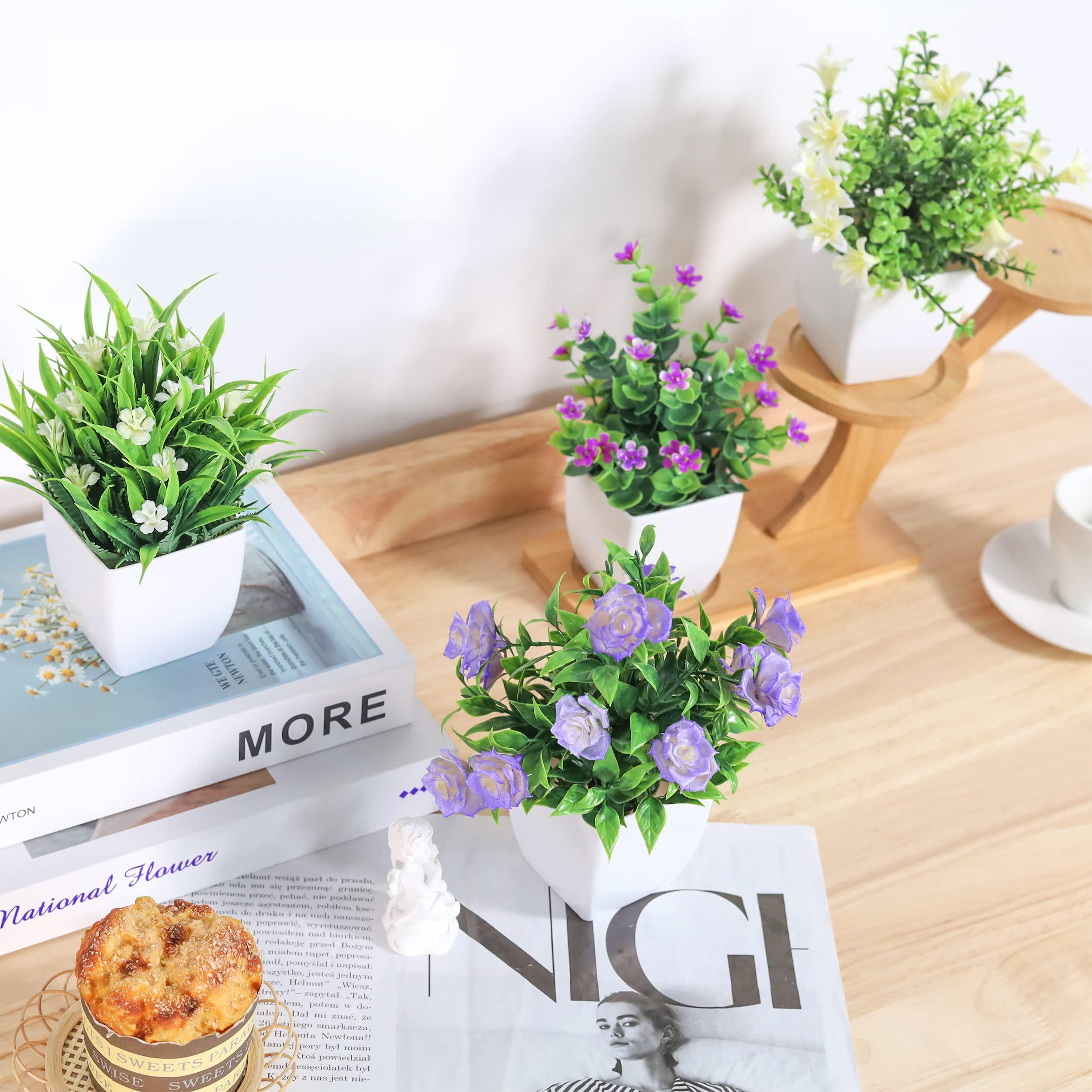 4 Pack Small Fake Plants Mini Artificial Faux Plants Indoor with Flowers Spring Decorations for Home Room Farmhouse Desk House
