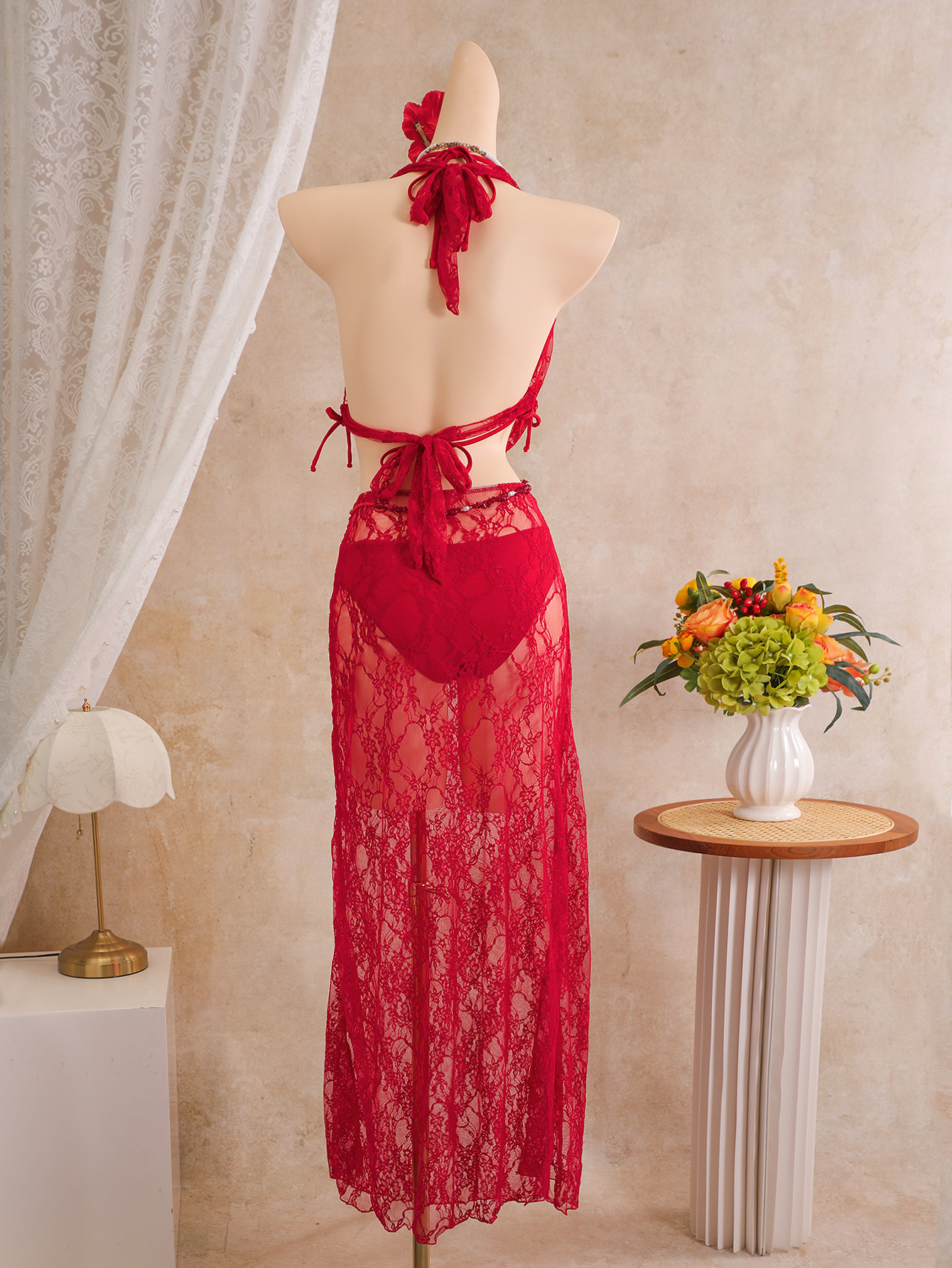 4Pieces Long Skirt Lace Bikini Cowl Neck Halter Bandage Backless Swimsuit Mesh Cover-ups Vacation Swimwears Women Beach Biquinis
