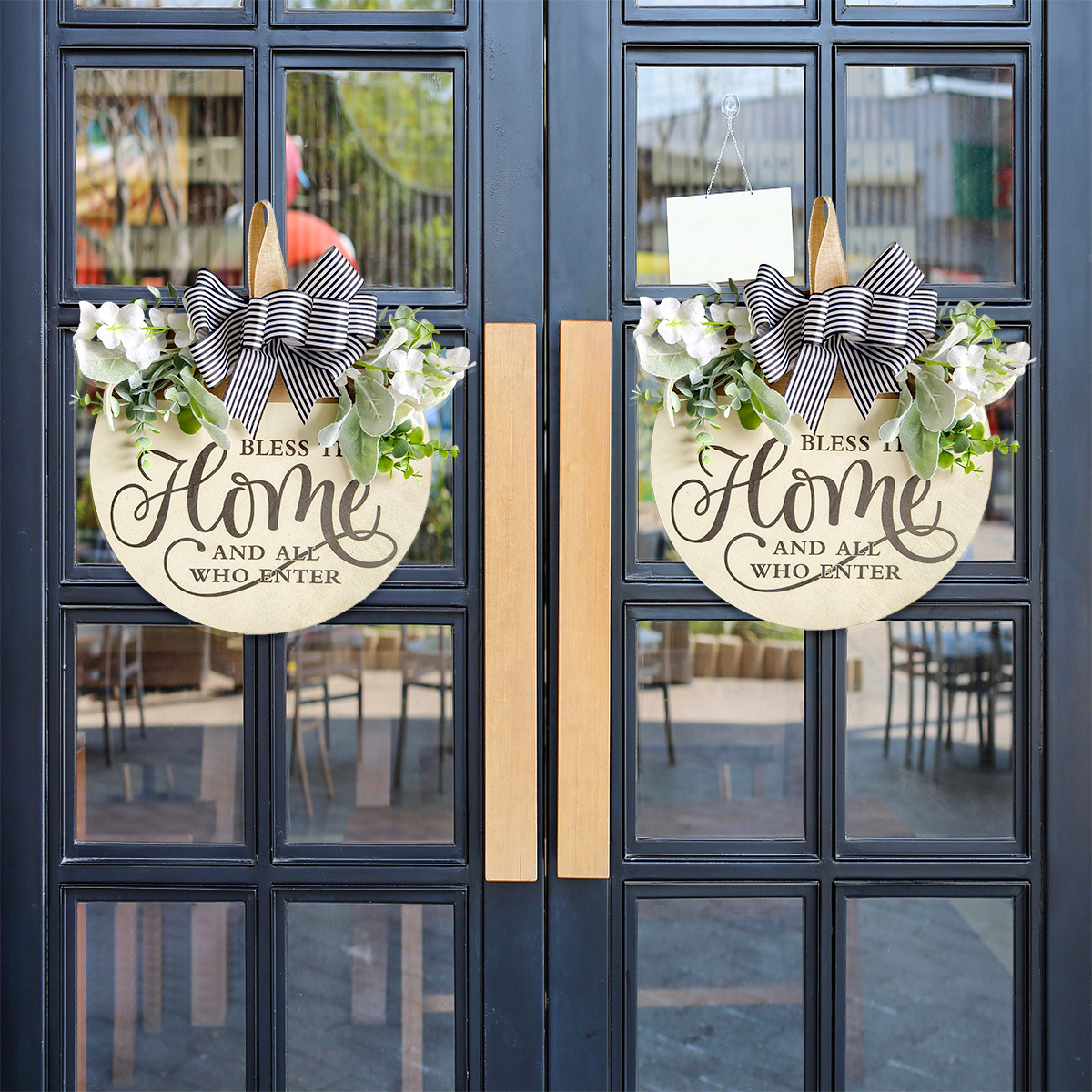 Round Flower Wreath Wooden Welcome Hanging Ornament For Front Door Outdoor Fall Decor Welcome Bow Knot Christmas Decoration