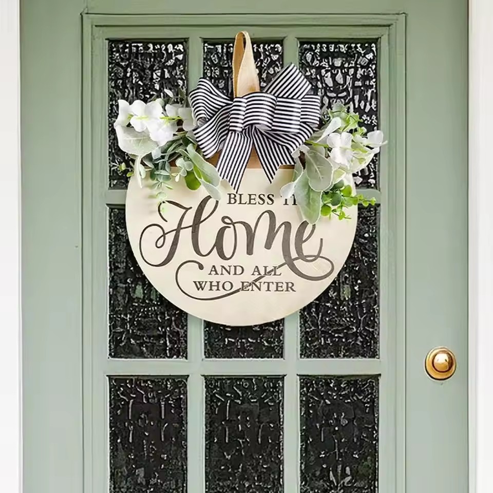 Round Flower Wreath Wooden Welcome Hanging Ornament For Front Door Outdoor Fall Decor Welcome Bow Knot Christmas Decoration
