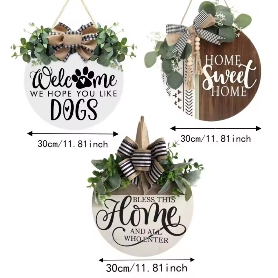 Round Flower Wreath Wooden Welcome Hanging Ornament For Front Door Outdoor Fall Decor Welcome Bow Knot Christmas Decoration