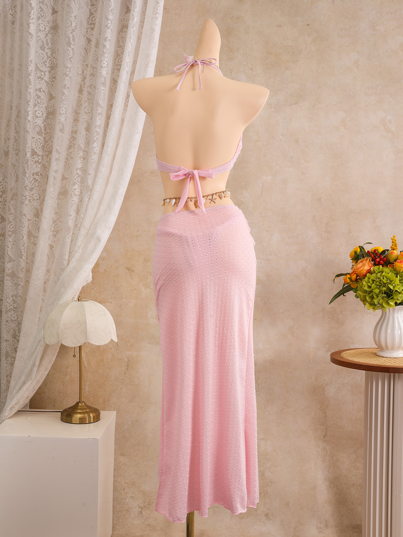 Long Skirt Bikinis Sets Pink Swimsuit Backless Knotted Bandeau Bikini Black Y2k Swimwear Women Vacation Dress Star Beach Outfits