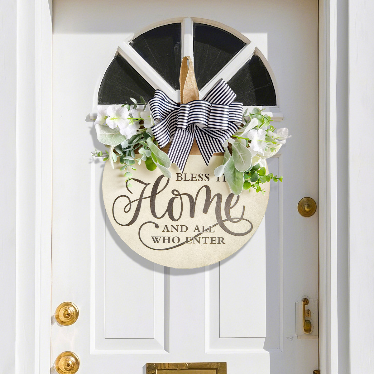 Door Sign with Bowknot Wreath Wall Art Front Door Wreath for Home Yard Porch