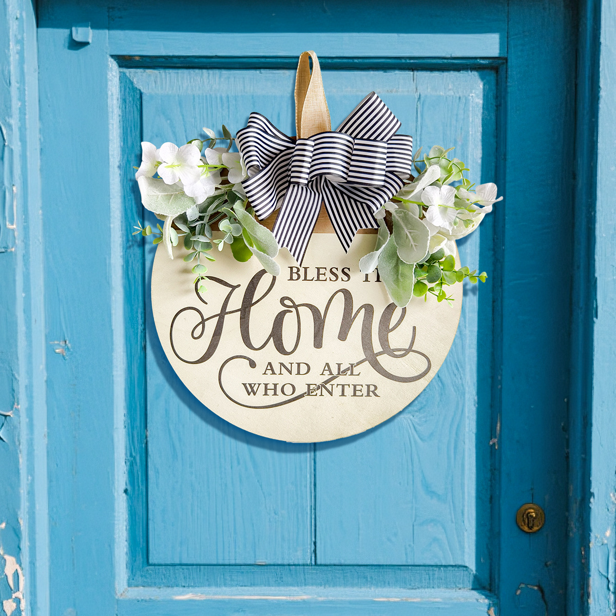 Door Sign with Bowknot Wreath Wall Art Front Door Wreath for Home Yard Porch