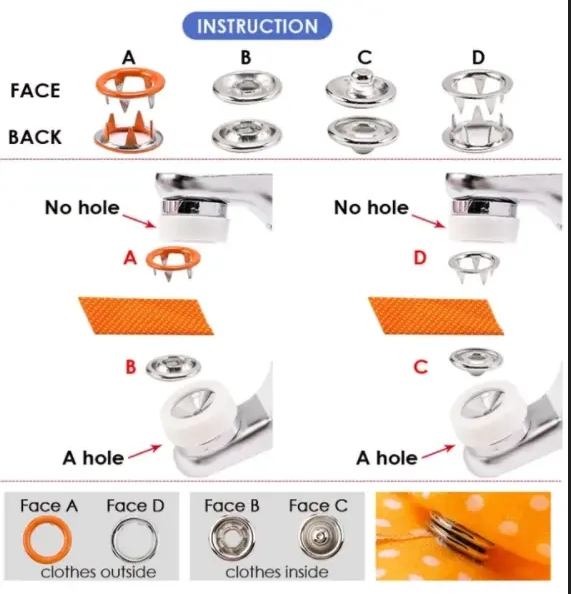 Snap Button Fastener Kit 100 Sets with Pressure Pliers, Poppers Press Studs Snap Button Kit for DIY Clothing Bags