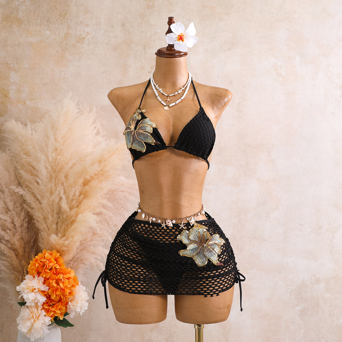 3 Pieces Bikini Women's Hollow Out Floral Applique Halter Swimwear Beach Party Cover Up Skirt Summer Vacation Bathing Suit