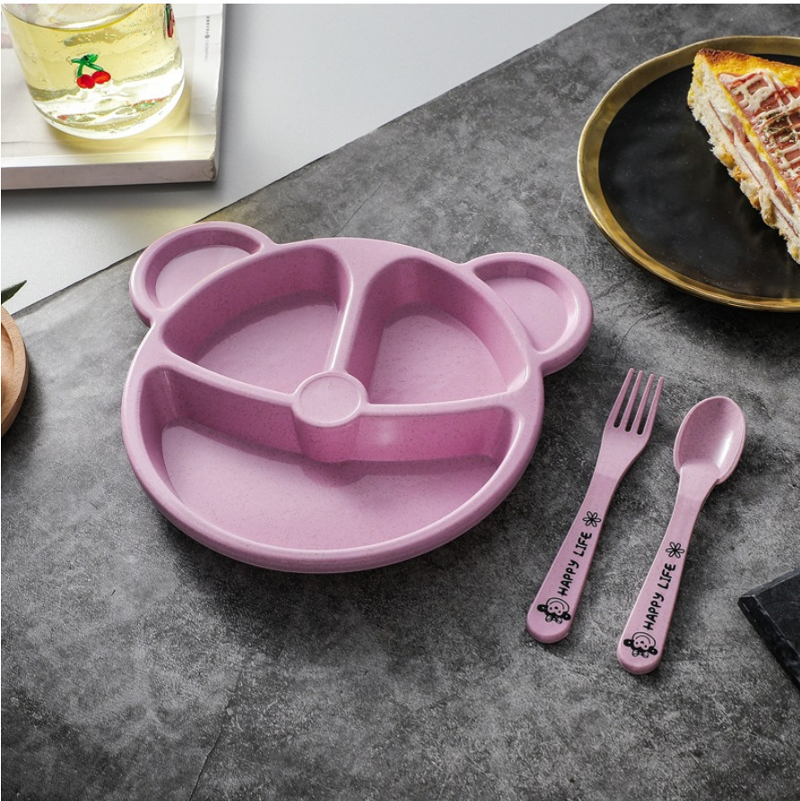 3Pcs/set Wheat Straw Baby Dishes Cartoon Tableware Set Kids Dinner Platos Baby Feeding Plate Training Bowl Spoon Fork Tableware