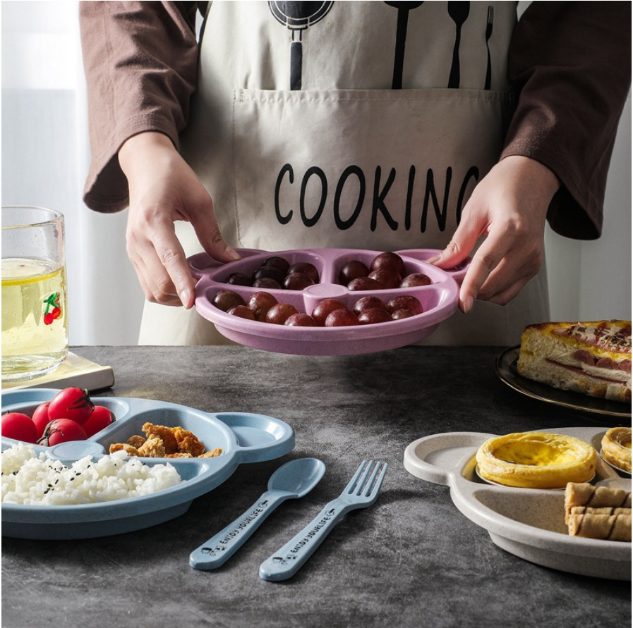 3Pcs/set Wheat Straw Baby Dishes Cartoon Tableware Set Kids Dinner Platos Baby Feeding Plate Training Bowl Spoon Fork Tableware