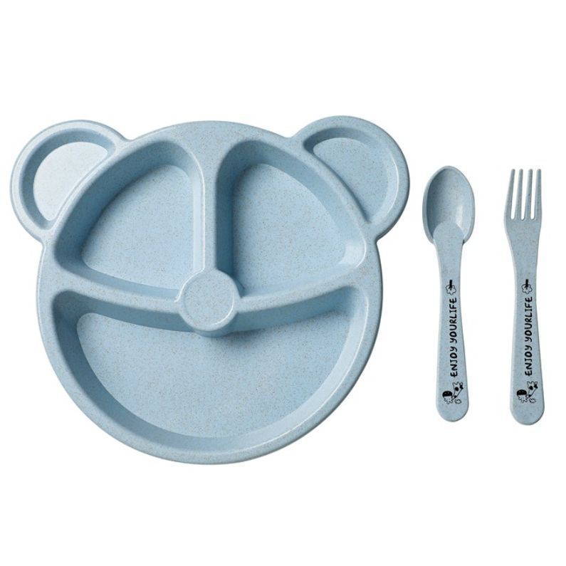 3Pcs/set Wheat Straw Baby Dishes Cartoon Tableware Set Kids Dinner Platos Baby Feeding Plate Training Bowl Spoon Fork Tableware