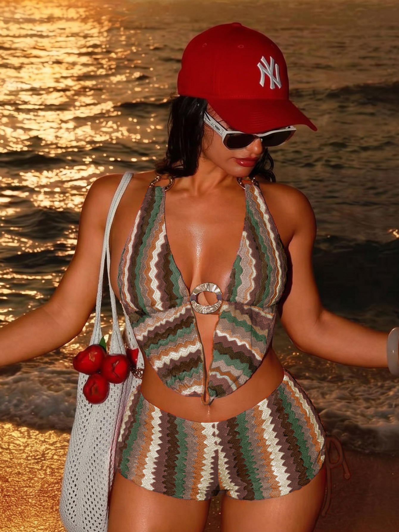 Sexy Knitted Stripe Bikini Shorts Pleated Cowls Y2k Swimsuit Women Halter String Backless Swimwear Hot Beach Outfit Bathing Suit