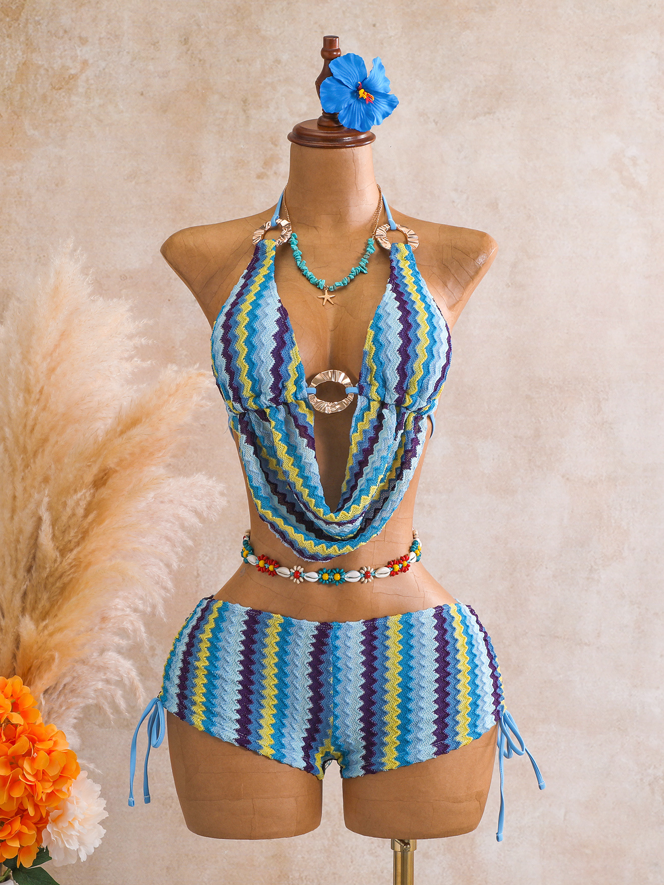 Sexy Knitted Stripe Bikini Shorts Pleated Cowls Y2k Swimsuit Women Halter String Backless Swimwear Hot Beach Outfit Bathing Suit