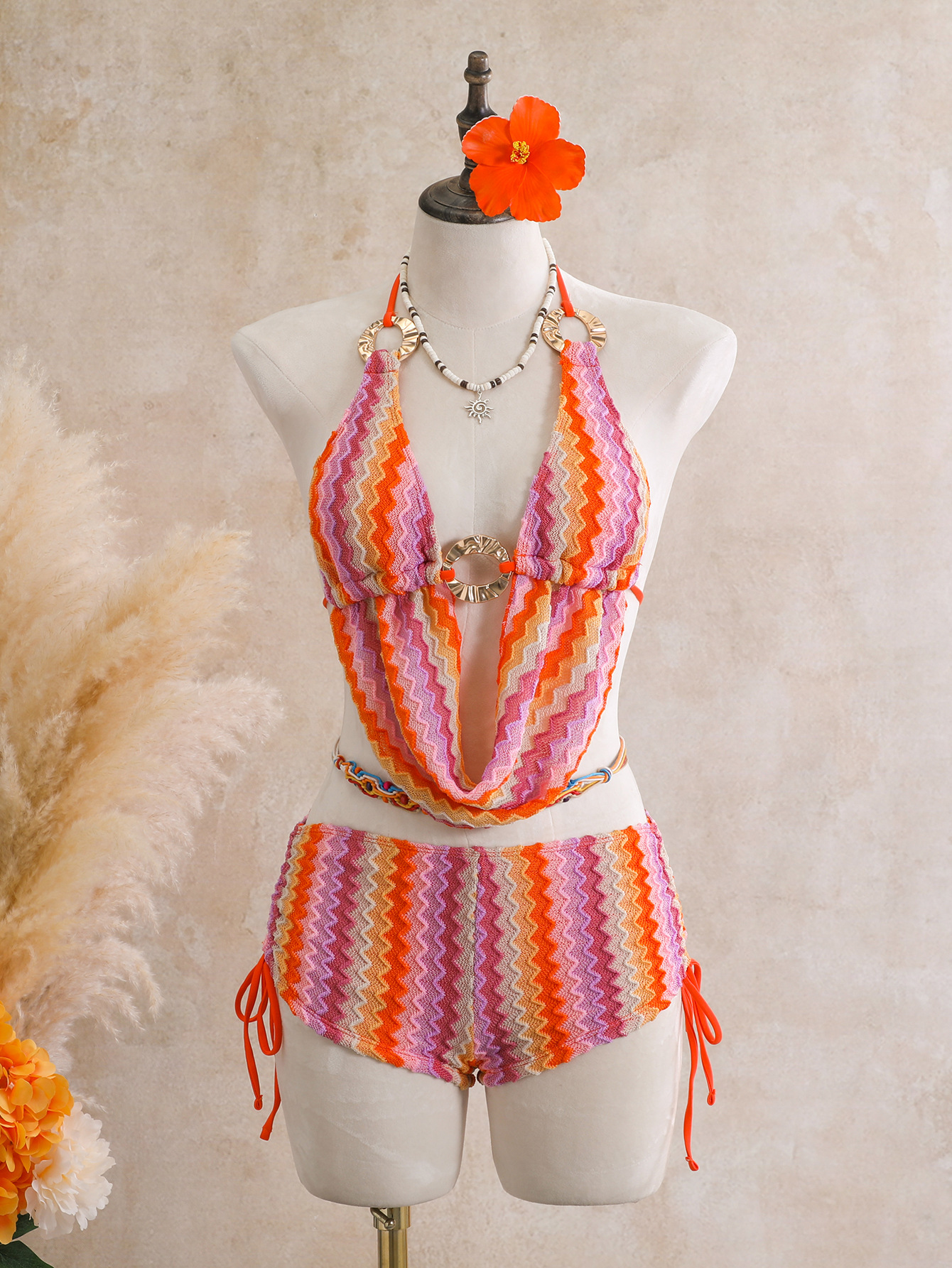 Sexy Knitted Stripe Bikini Shorts Pleated Cowls Y2k Swimsuit Women Halter String Backless Swimwear Hot Beach Outfit Bathing Suit