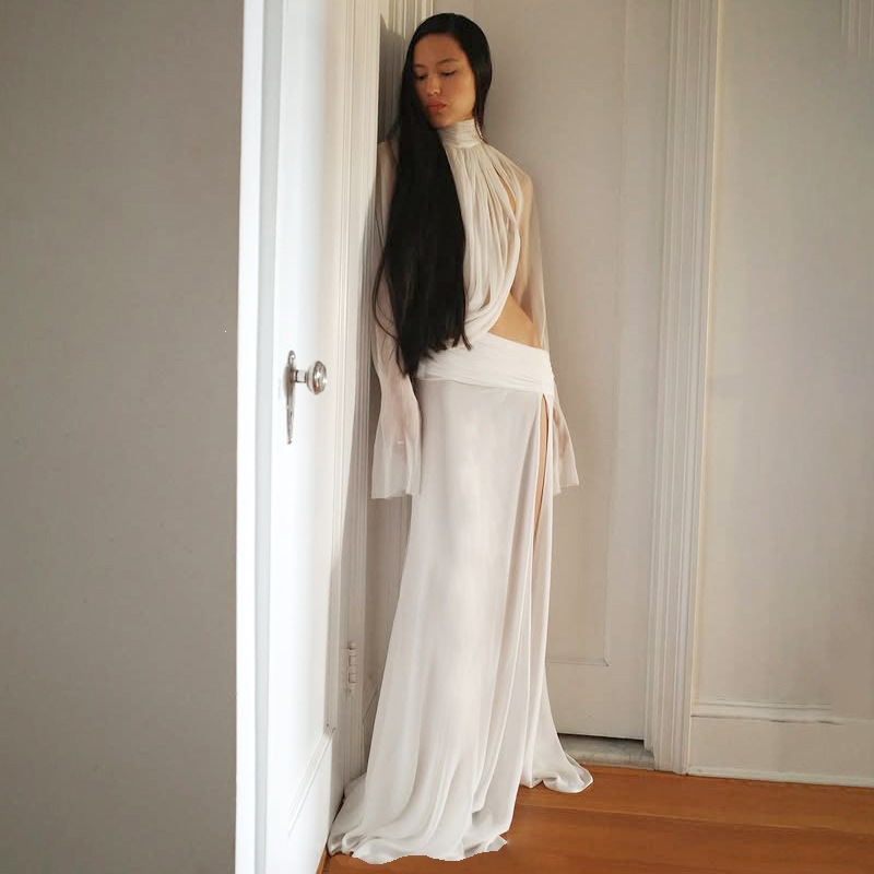 Free delivery of high-quality 2026 new summer women's clothing hot selling sexy high neck trumpet sleeve top slit long skirt set