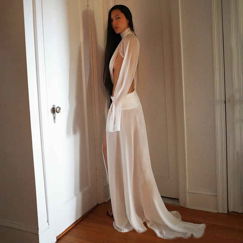 Free delivery of high-quality 2026 new summer women's clothing hot selling sexy high neck trumpet sleeve top slit long skirt set