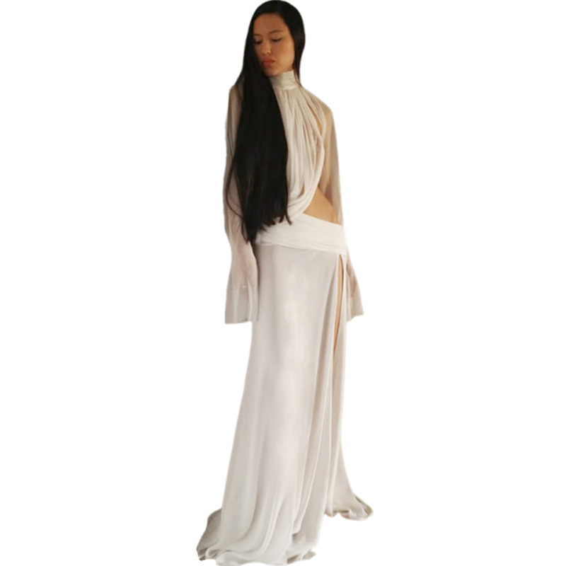 Free delivery of high-quality 2026 new summer women's clothing hot selling sexy high neck trumpet sleeve top slit long skirt set