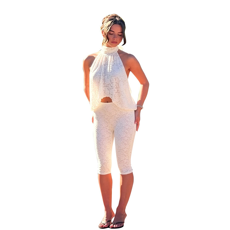 Free delivery of high-quality 2026 new summer women's clothing hot selling lace sleeveless top seven quarter pants set