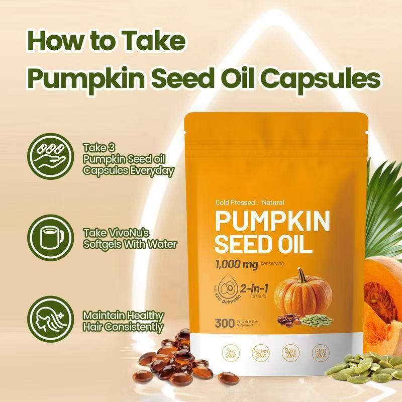 Pumpkin Seed Oil Capsules Cold Pressed Pure Virgin Oil Essential Fatty Acids Phytosterols 300 SoftgelsSupports Hair Non GMO