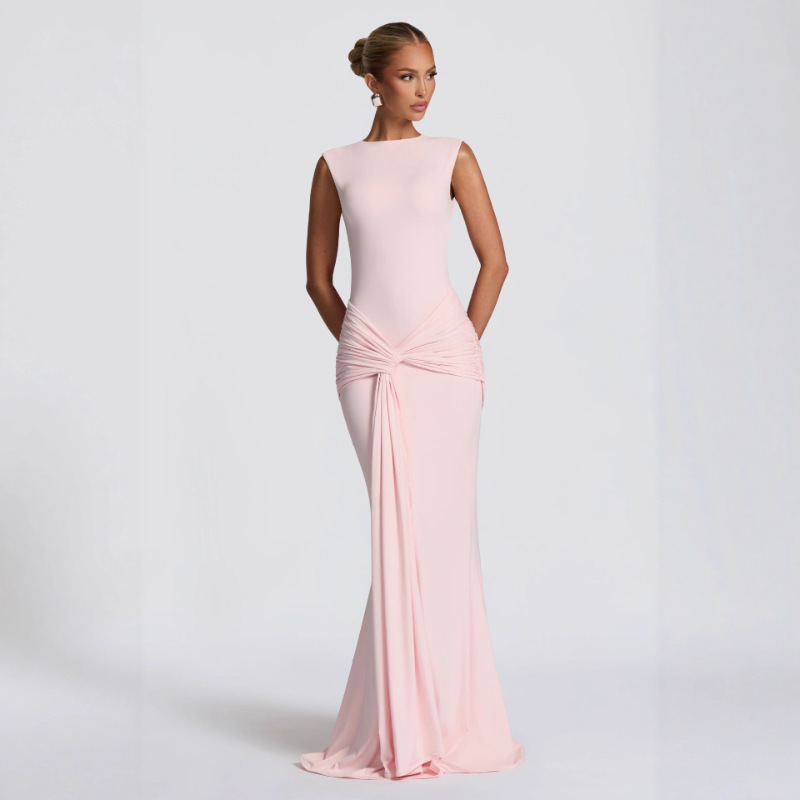 Free delivery of high-quality 2026 new summer women's clothing hot selling slim fit backless round neck sleeveless ribbon dress