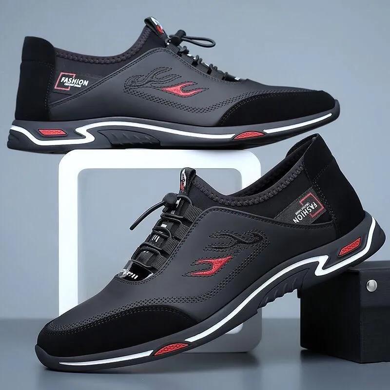 Men's Casual Leather Shoes Spring Fashion Low-Top Breathable Outdoor Comfortable Lightweight Soft Dad Shoes round Toe Flat Heel