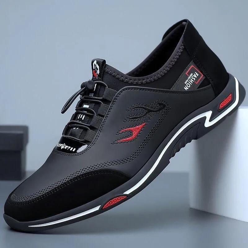 Men's Casual Leather Shoes Spring Fashion Low-Top Breathable Outdoor Comfortable Lightweight Soft Dad Shoes round Toe Flat Heel